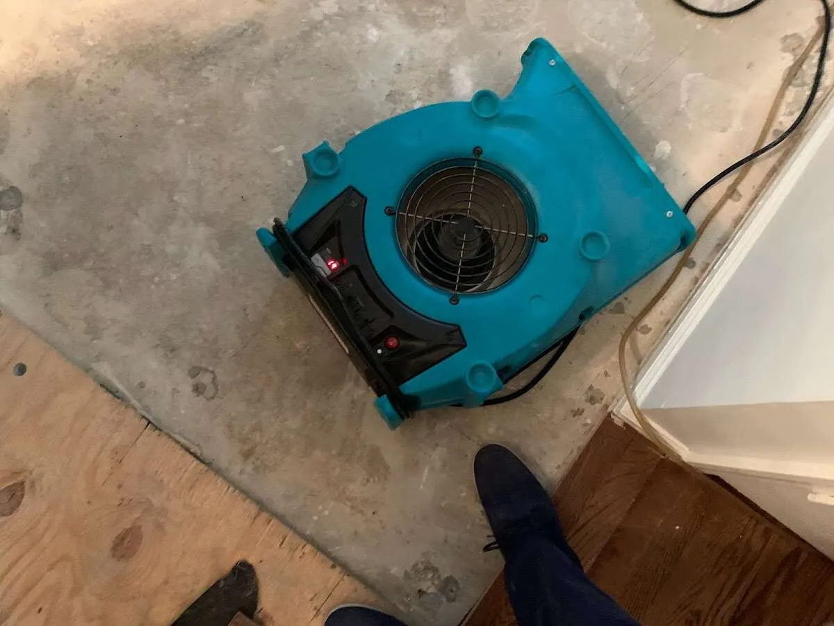 Air mover drying subfloor during Commercial Water Damage Restoration in Peru